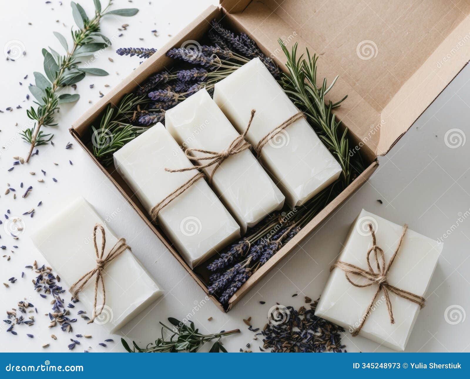 lavender soap bars wrapped in paper and tied with twine lying in cardboard box surrounded by flowers and ingredients.