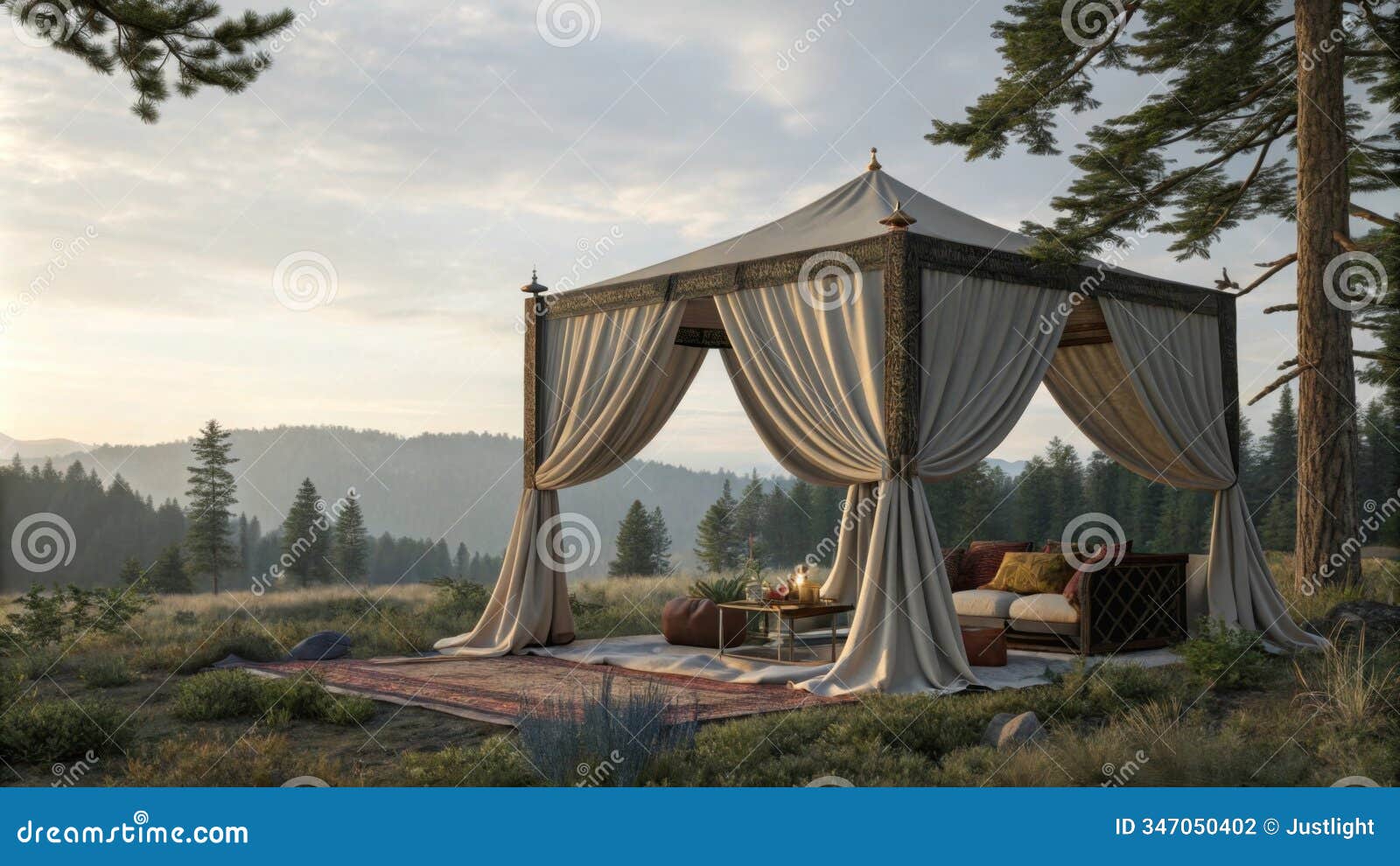 lavish fabric canopies providing shelter while maintaining a connection to the serene wilderness..