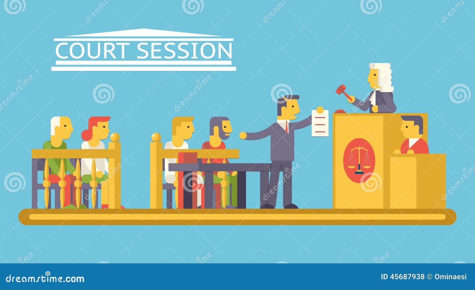 law court justice scene with characters defendant