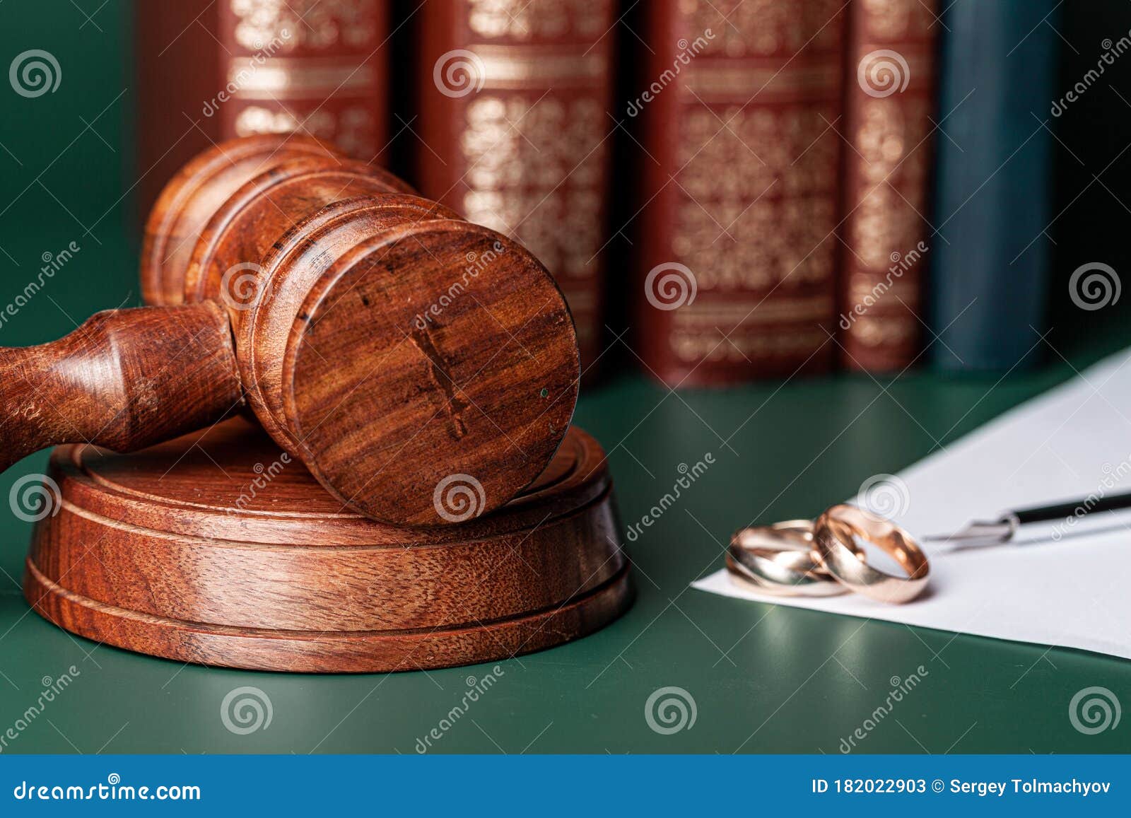 Law Gavel and Wedding Rings on Table Stock Image Image of gold