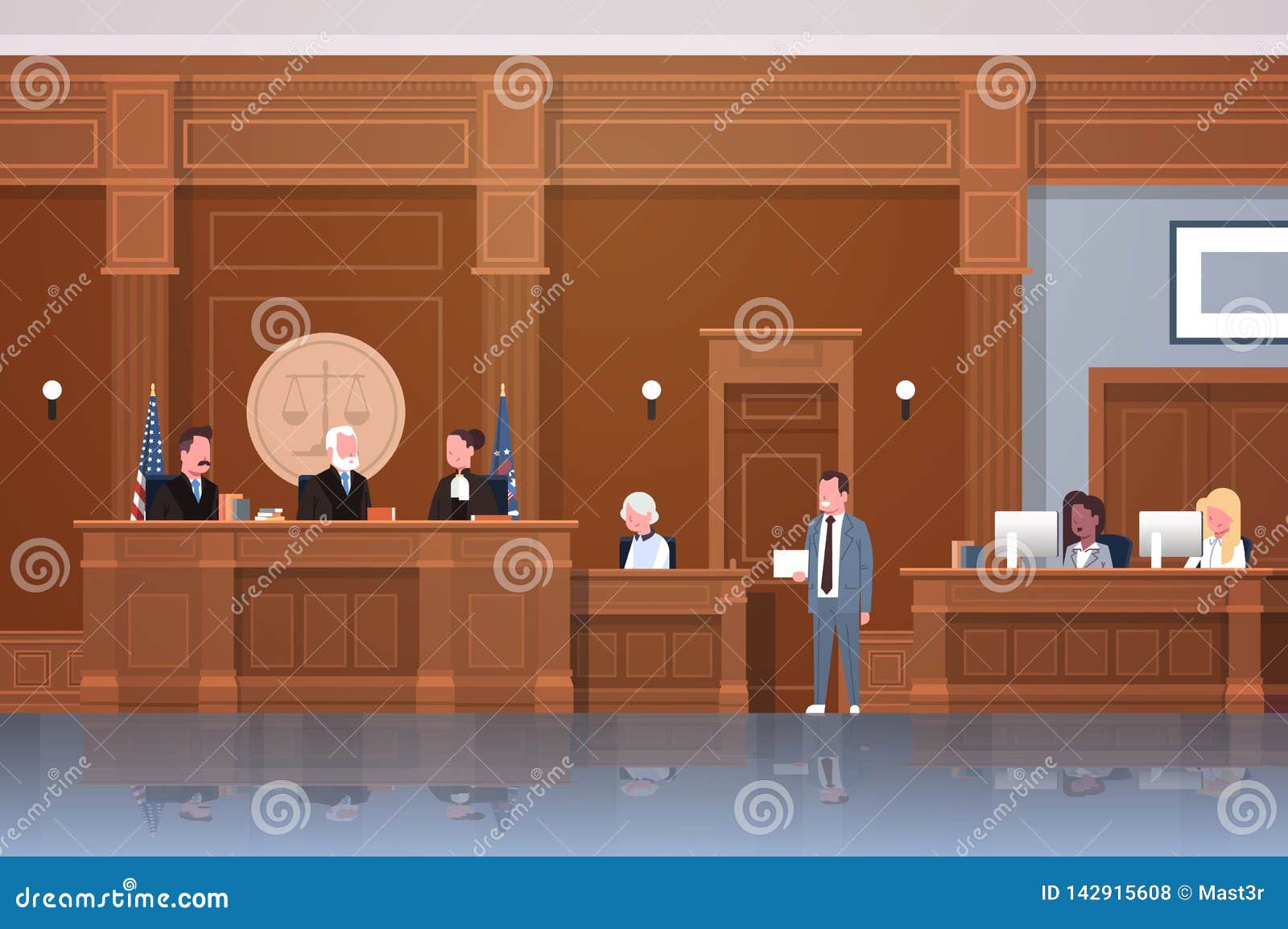 Law Process With Judge Secretary Suspect And Lawyer Or Attorney Giving