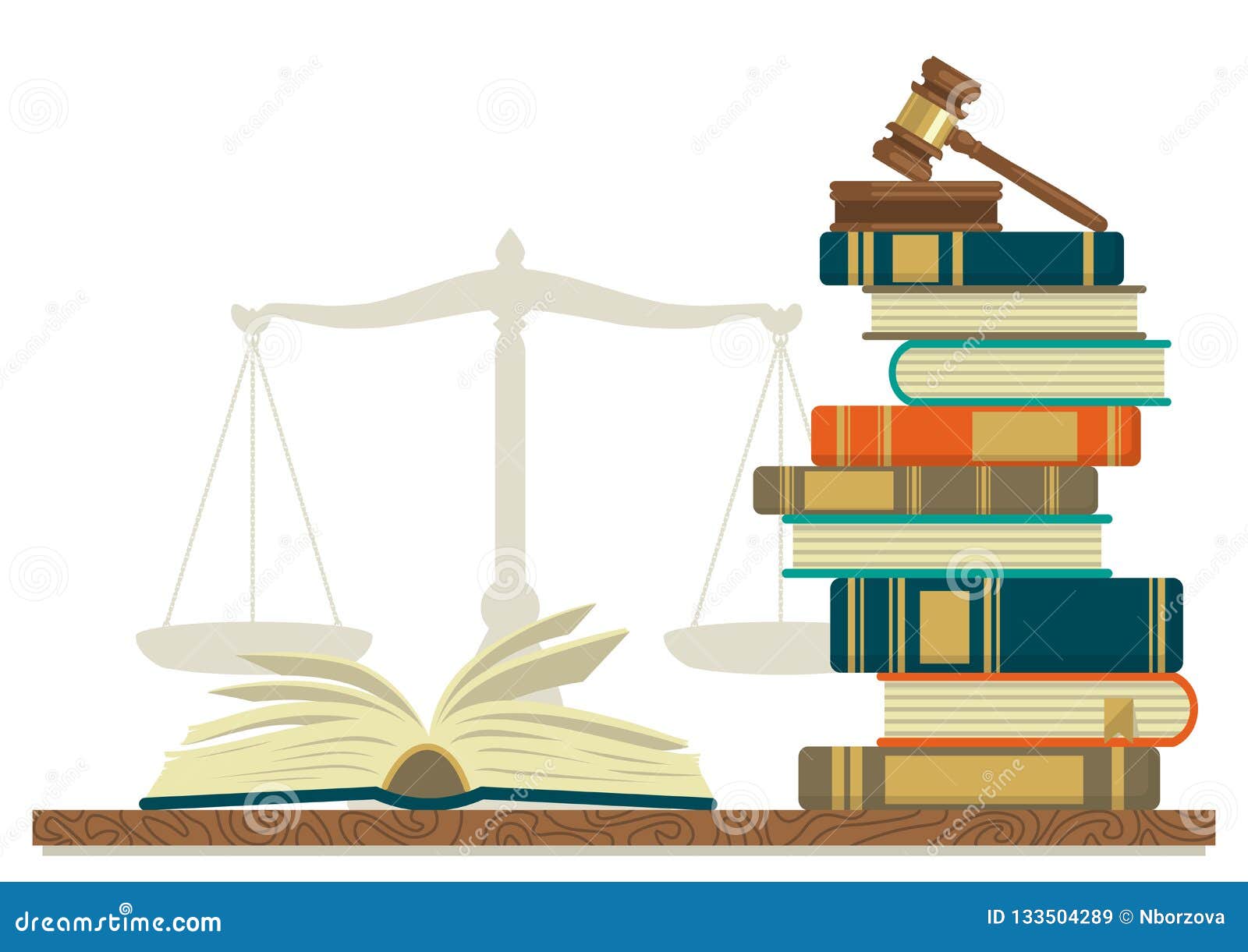law studies. stack of books with glasses, open book and judge gavel on white background.