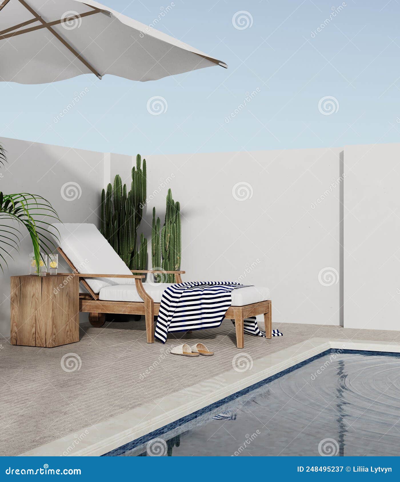 Lawn Chairs Overlooking Backyard and Swimming Pool, 3d Rendering Stock