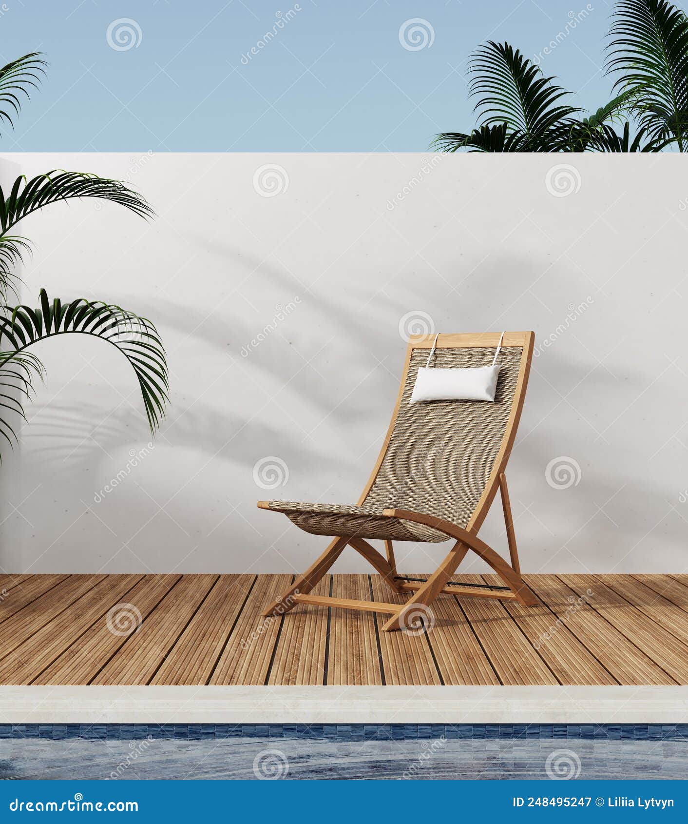 Lawn Chairs and Swimming Pool in Modern Backyard with Palm, 3d