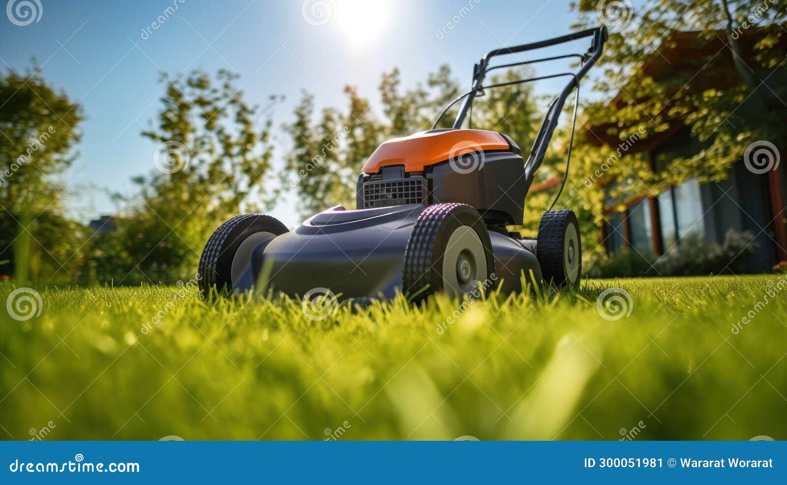 A Lawn Mover on Green Grass in Modern Garden. Machine for Cutting Lawns