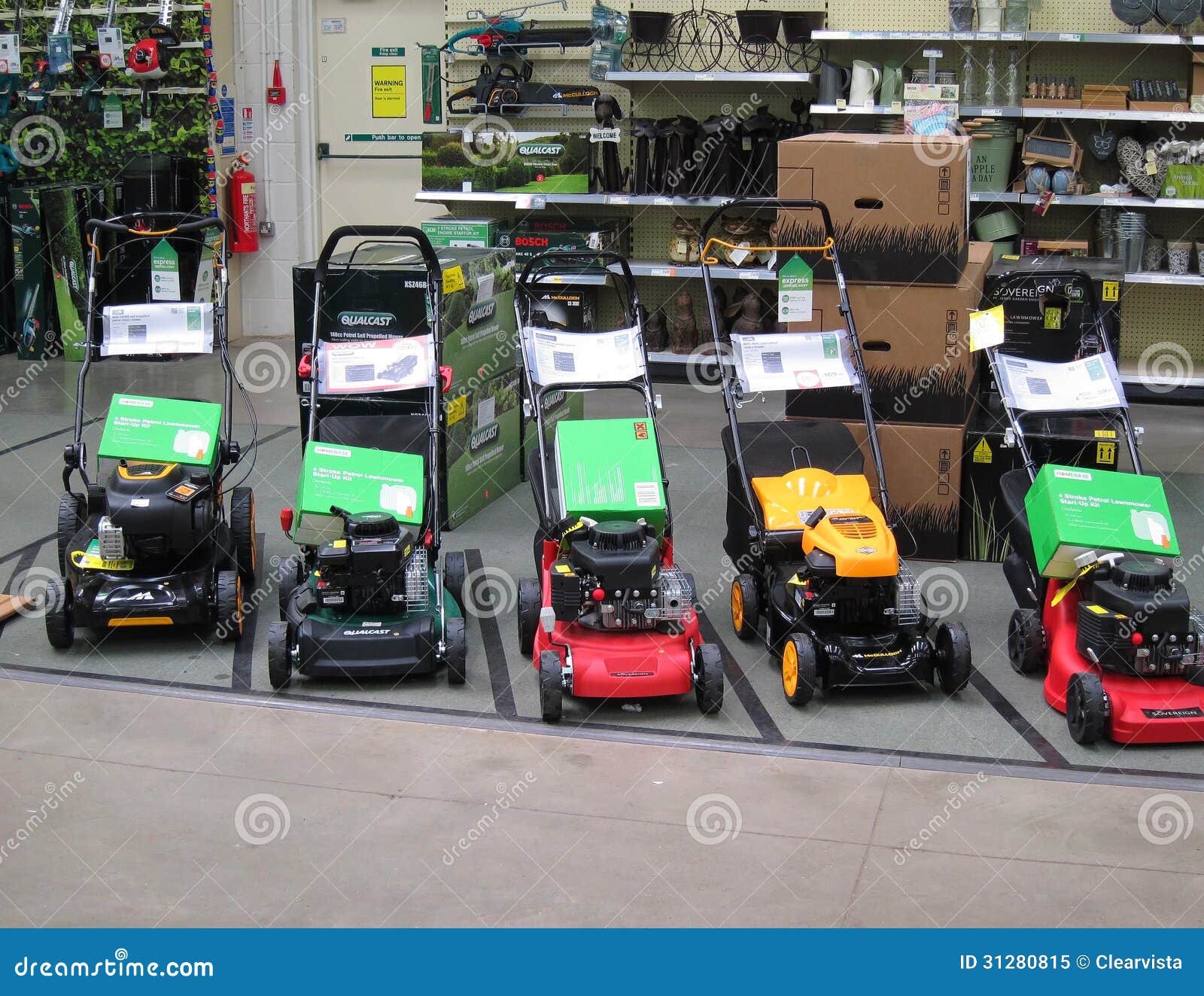 Lawn Mower Display in a Garden Store. Editorial Image - Image of united