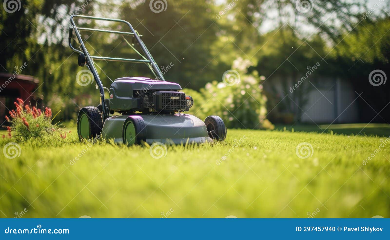 Lawn Robot Mows the Lawn. Robotic Lawn Mower Cutting Grass Stock Photo