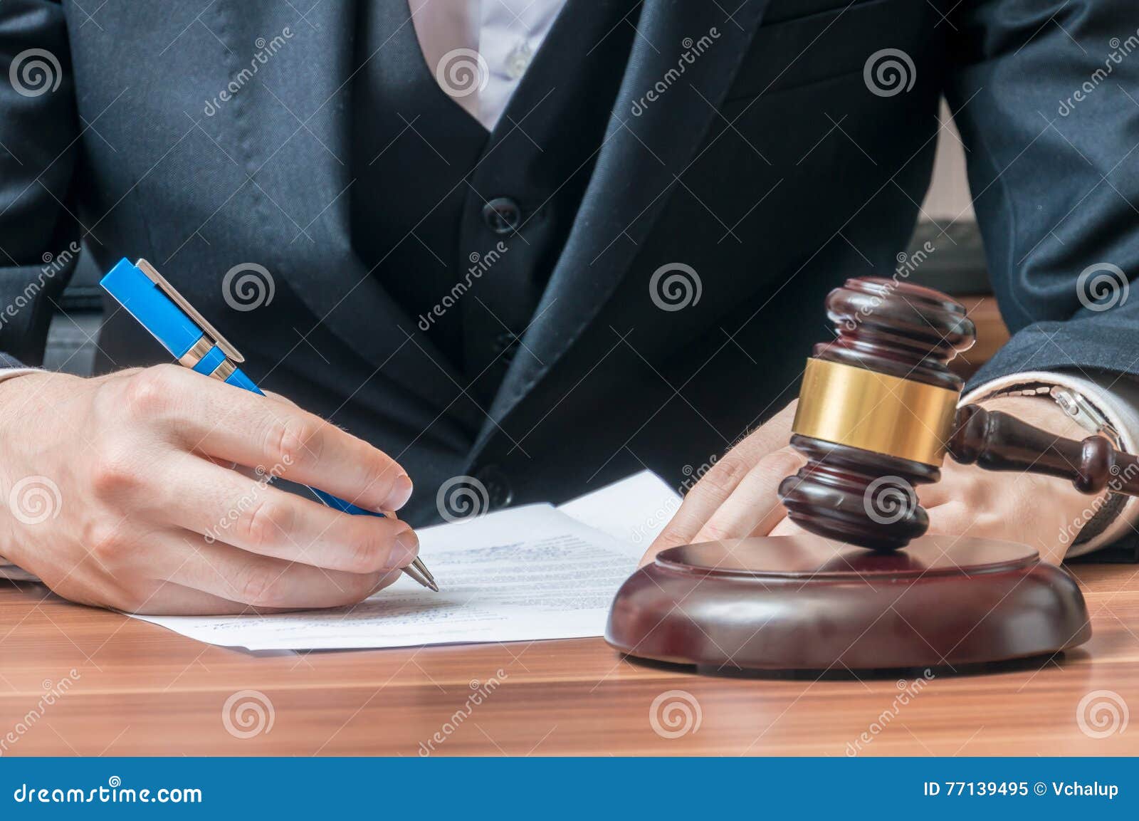 Lawyer is Writing on Document. Wooden Gavel in Front Stock Image Image of hands, judgment