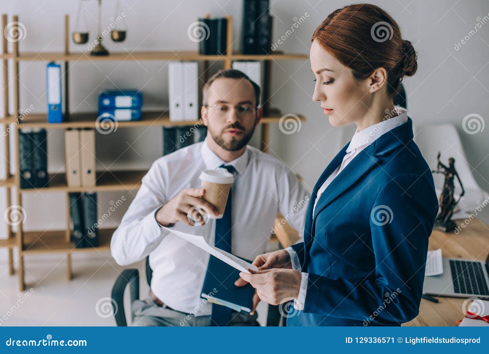 Lawyers Discussing Work Together at Workplace Stock Image Image of