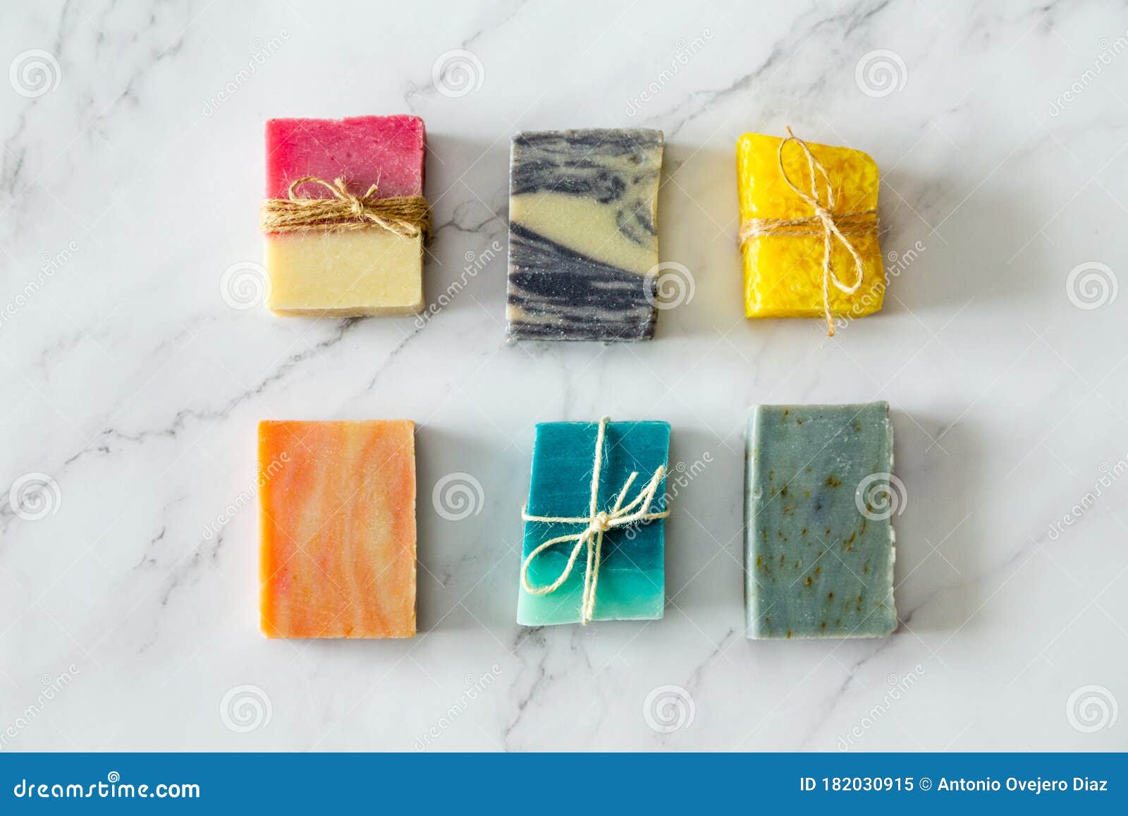 Lay Flat Top View of Three Ecologic Handmade Soap Bars. White Marble