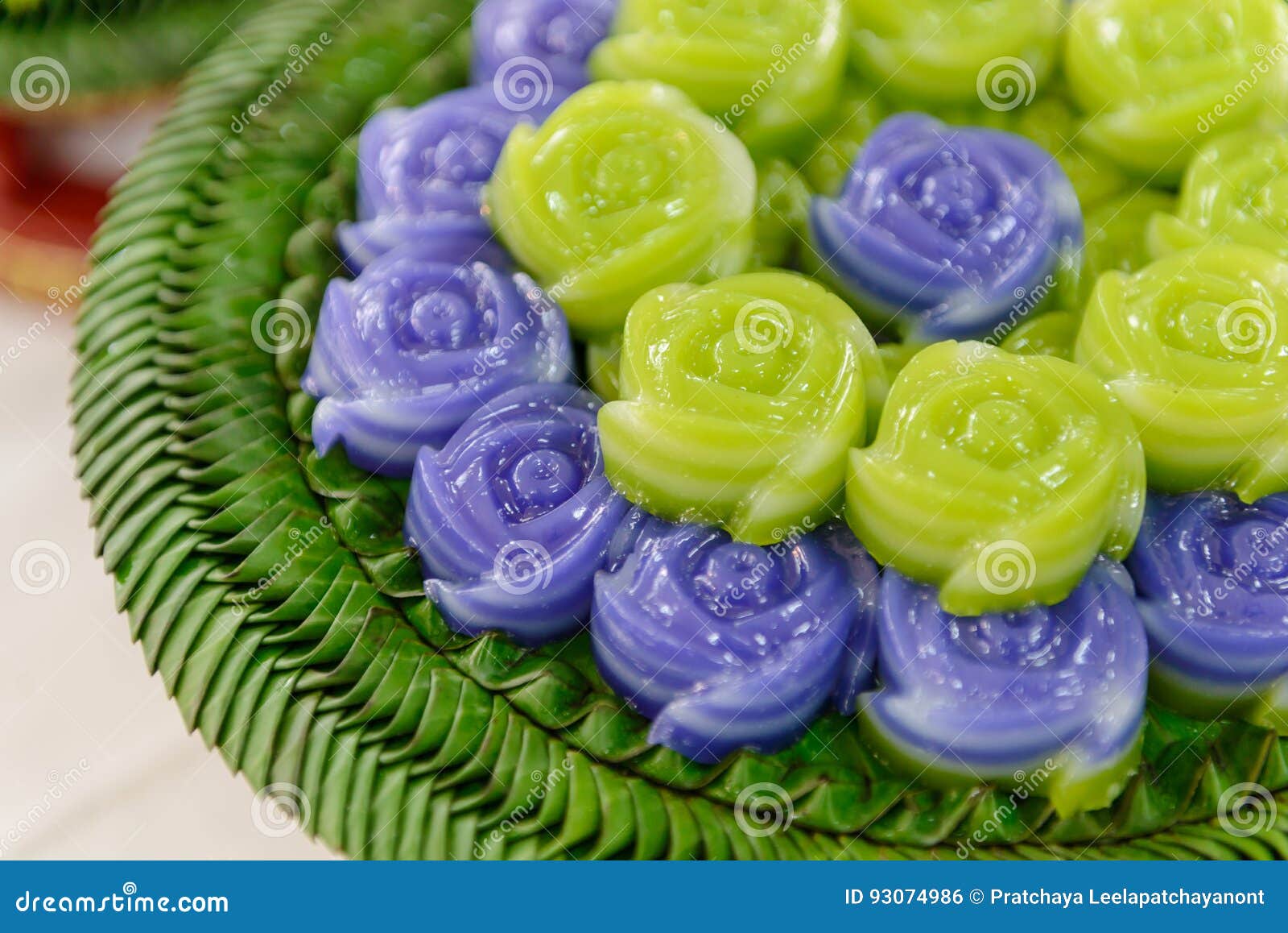 Layer Sweet Cake Khanom Chan Thai Dessert in Rose Shape Stock Photo