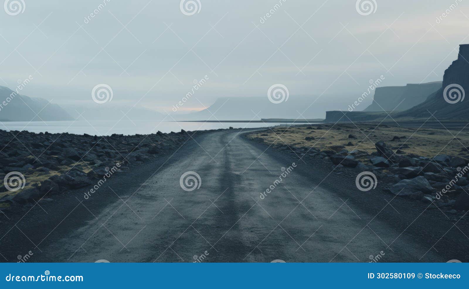 layered and atmospheric landscapes: gravel road leading to a serene body of water