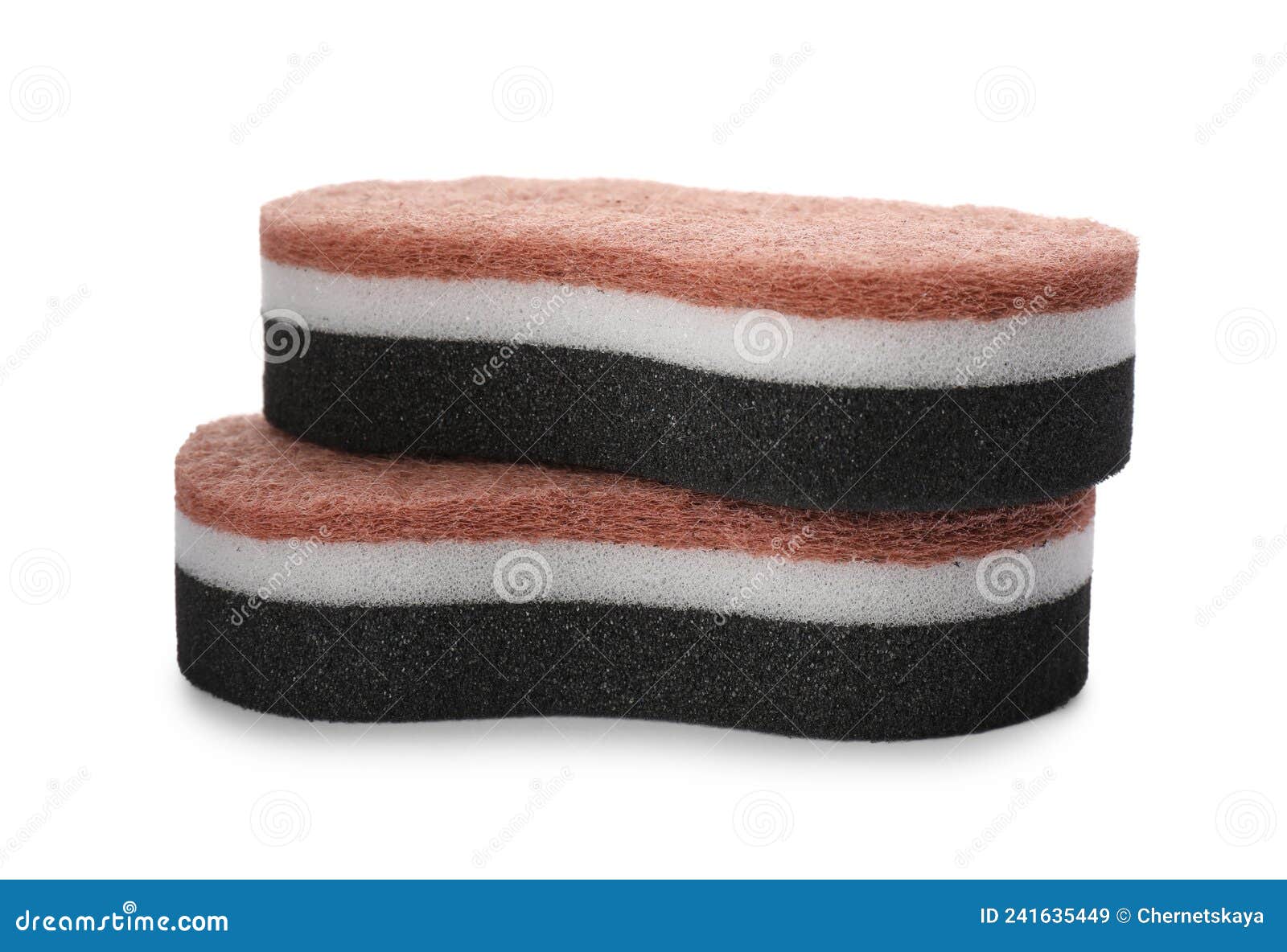 Layered Cleaning Sponges with Abrasive Scourers on White Background