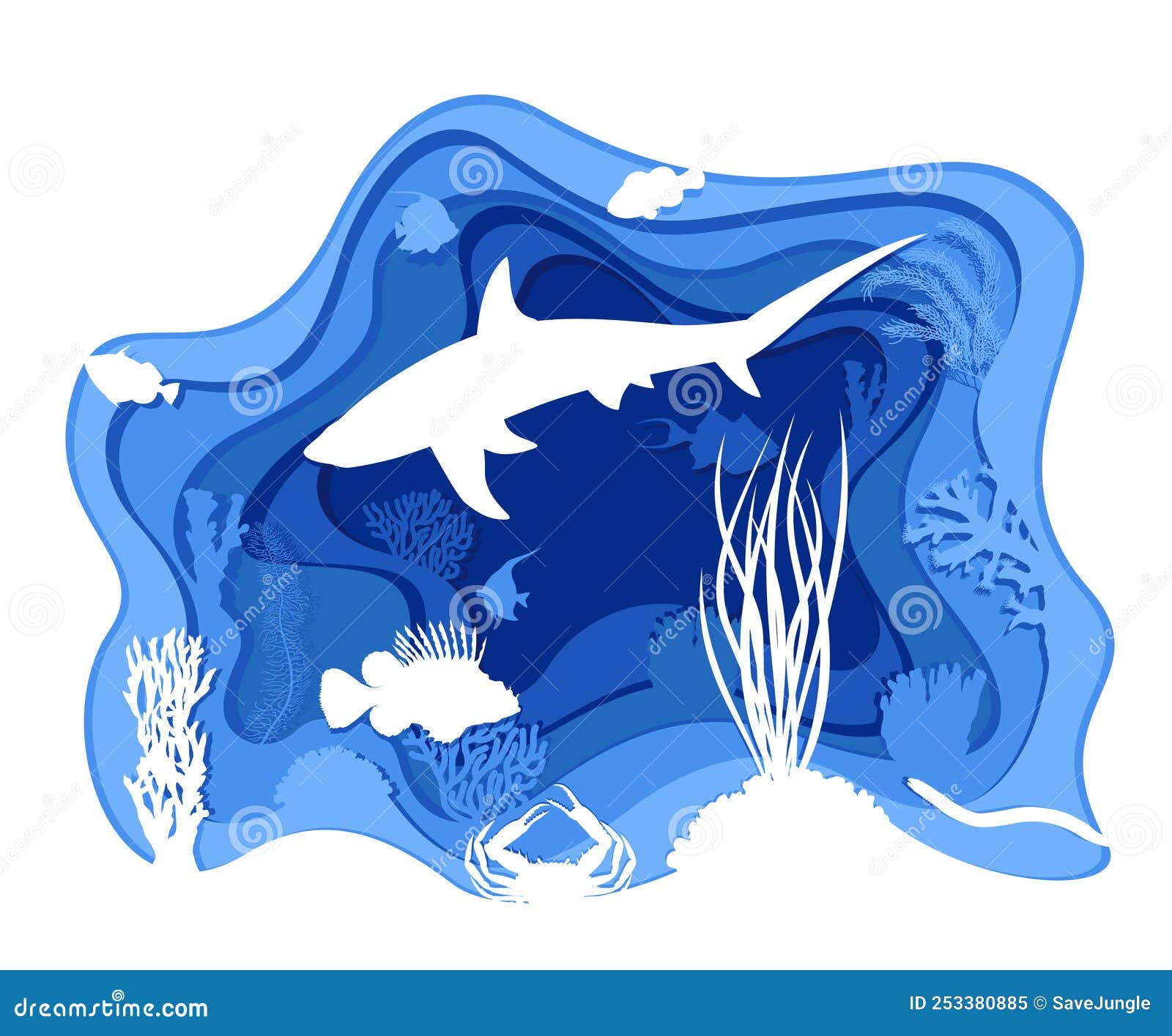 layered paper cut style underwater sea illustratio with shark, pterois, crab and coral reef
