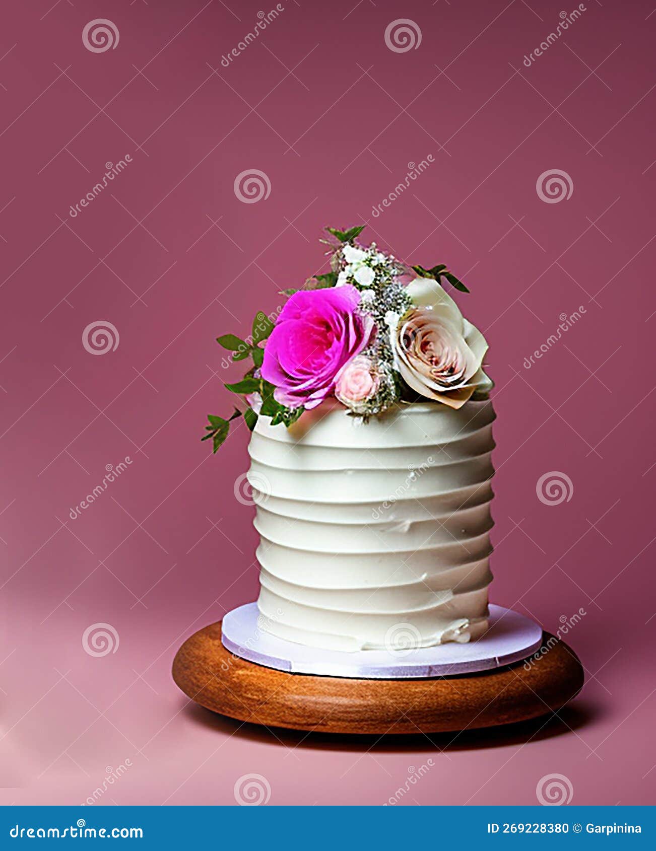 Layered Wedding Cake with Roses and Cream on Neutral Background AI