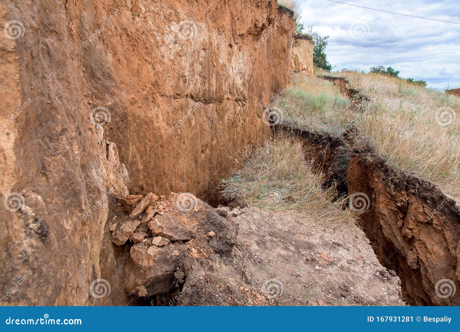 landslide with cracks in the ground.