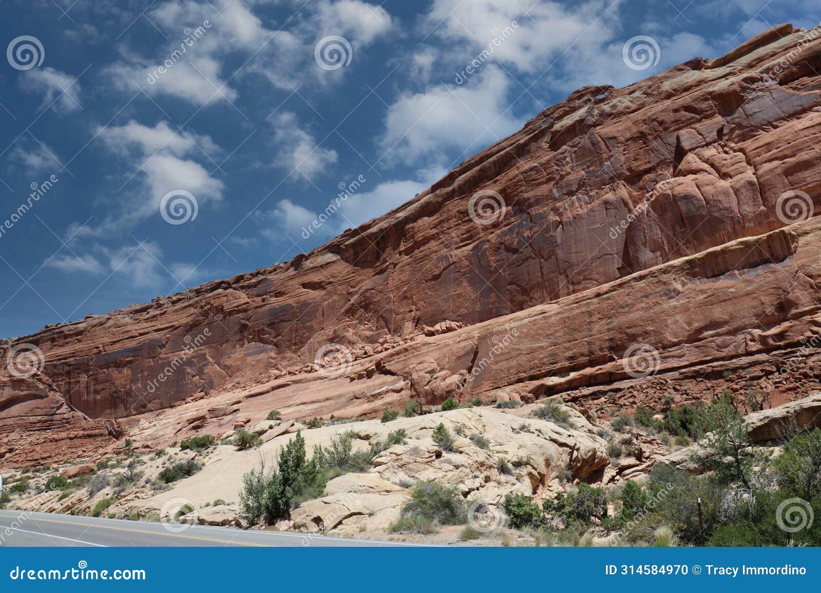 layers of entrada and navajo sandstone lining the road in arches national park in moab, utah