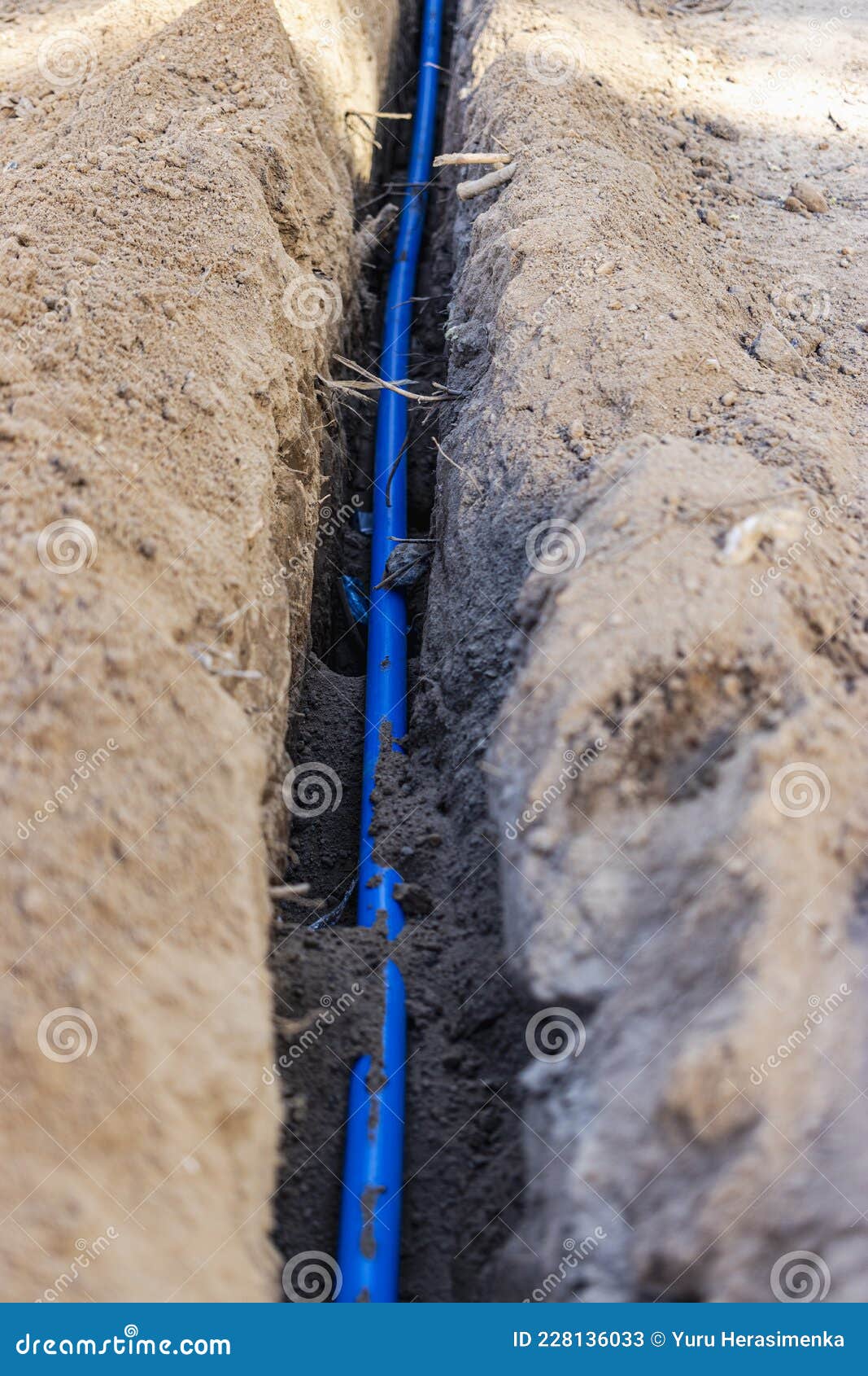 Laying a Blue Electrical Cable in a Trench in the Ground. Underground