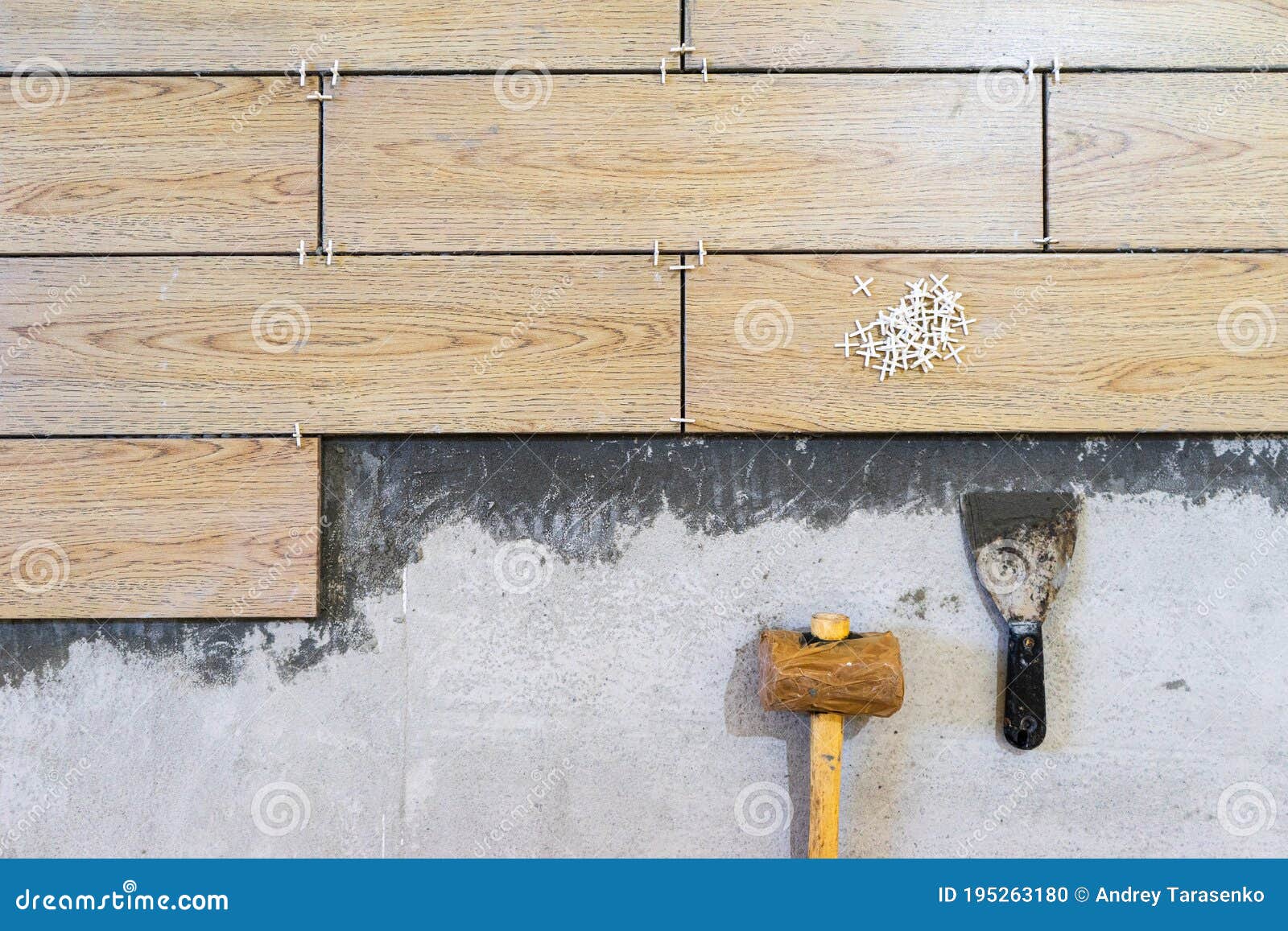 Laying Ceramic Tile . Preparation for Laying Floor Tile Stock Photo