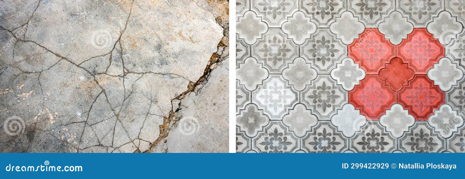 Before and after Laying Paving Slabs on Old Cracked Concrete Screed in