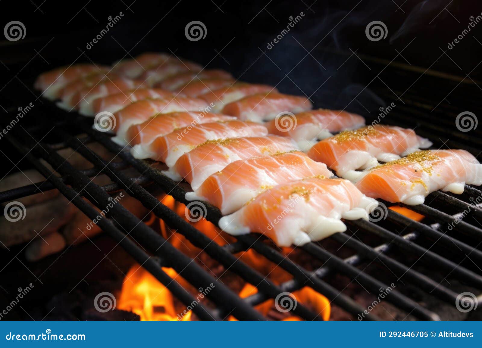 Laying Raw Fish Fillets on a Hot Barbecue Stock Image Image of