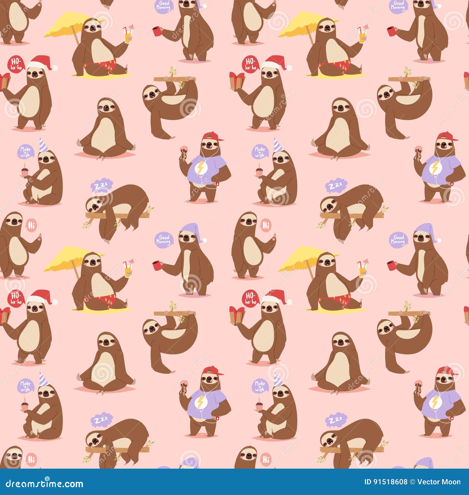 laziness sloth animal character different pose seamless pattern 