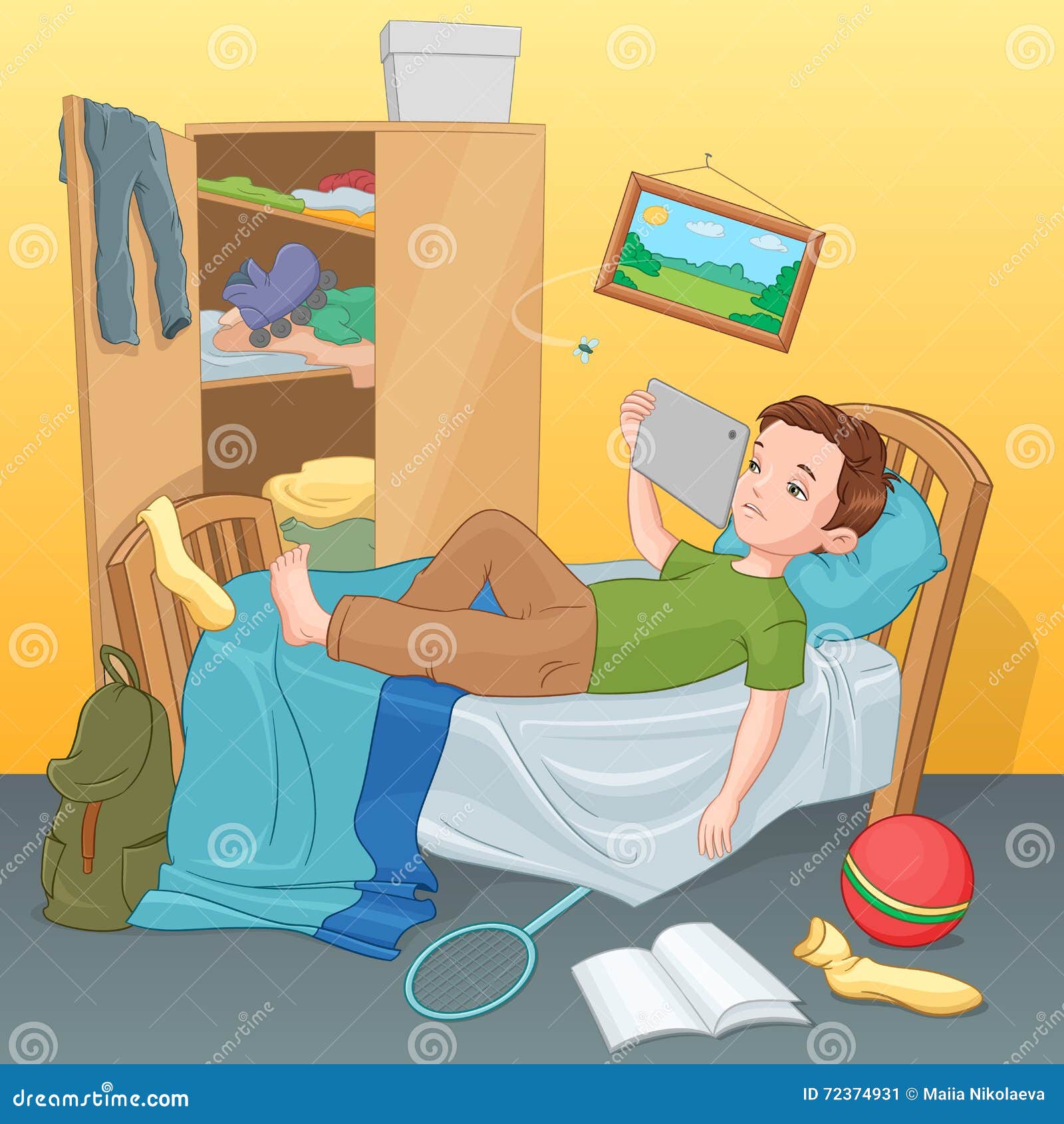 Lazy Boy Lying On Bed With Tablet Vector Illustration Stock