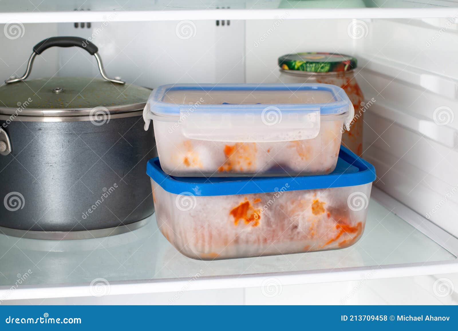 Refrigerator With Frozen Food. Open Fridge Freezer Meat, Milk