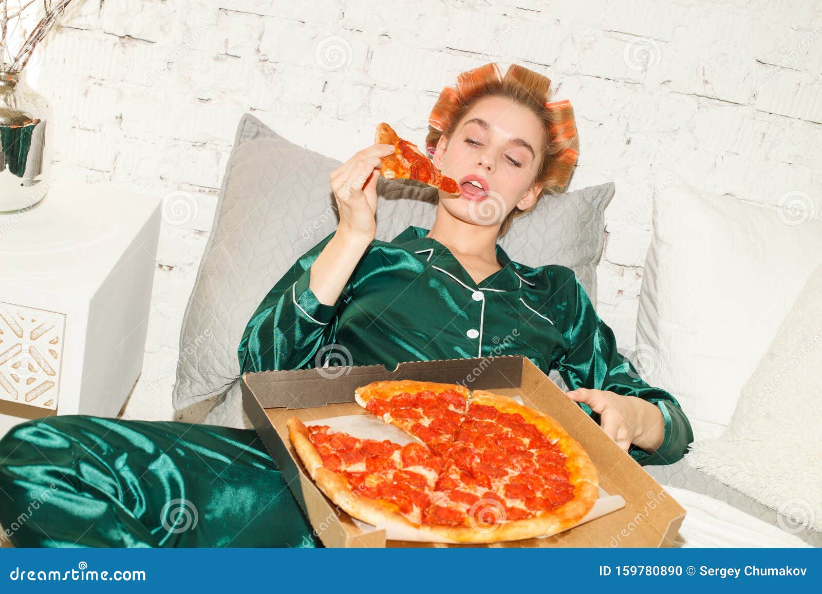 Lazy Girl In Pajamas Eating Pizza In Bedroom Stock Photo Image Of