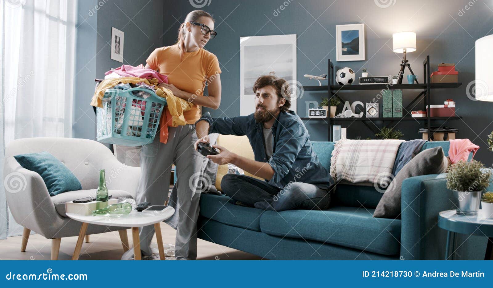 lazy husband and woman doing household chores