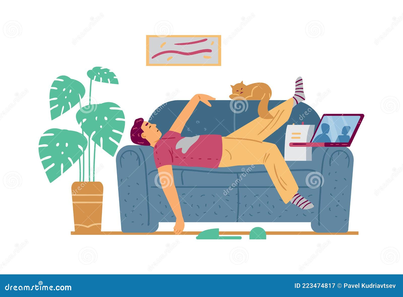 Lazy Man Lying on Couch and Watching Movie, Flat Vector Illustration  Isolated. Stock Vector - Illustration of home, leisure: 223474817