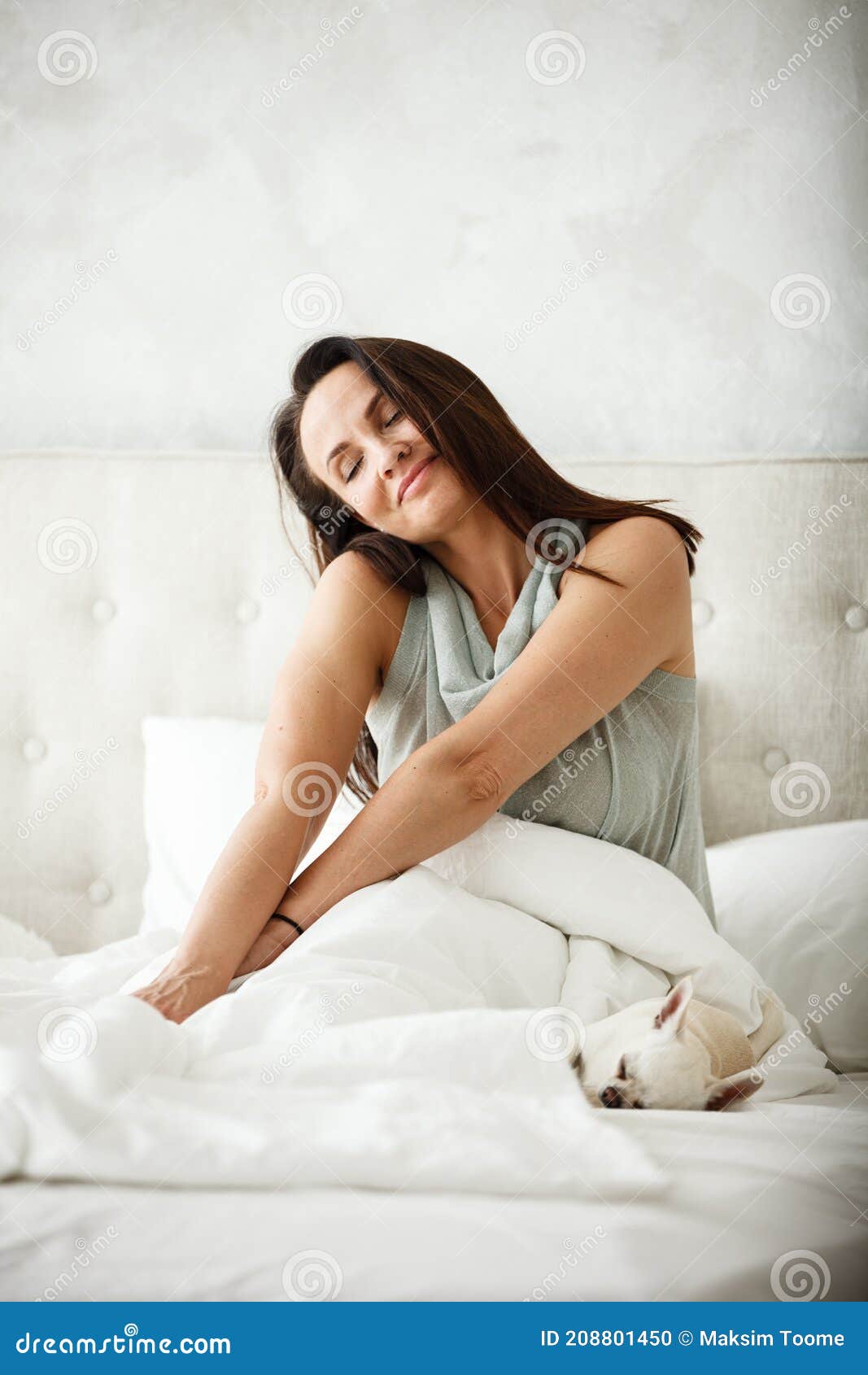 Lazy Morning Concept Beautiful Happy Woman Wakes Up In Bed And 