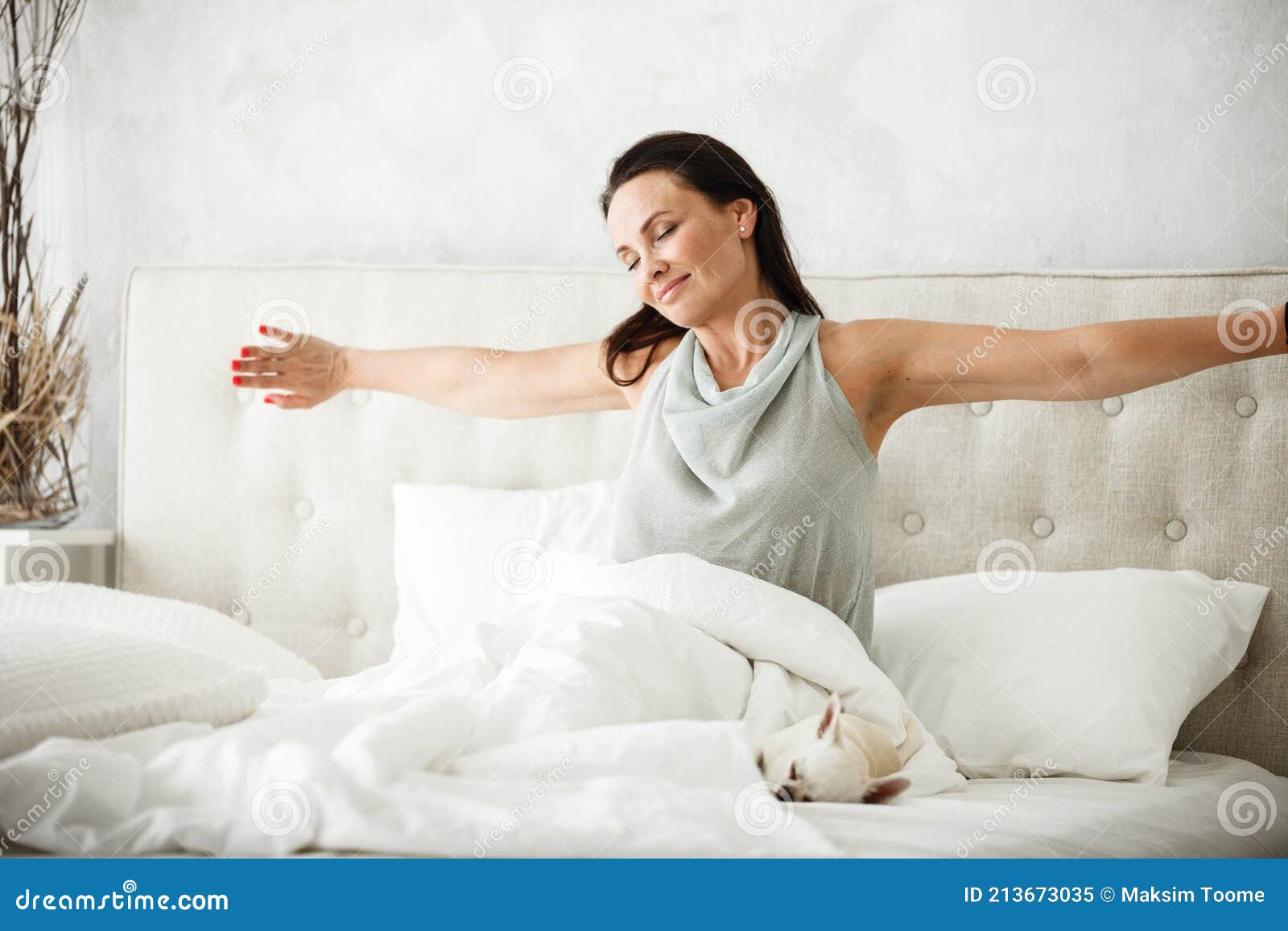 Lazy Morning Concept Beautiful Happy Woman Wakes Up In Bed And 
