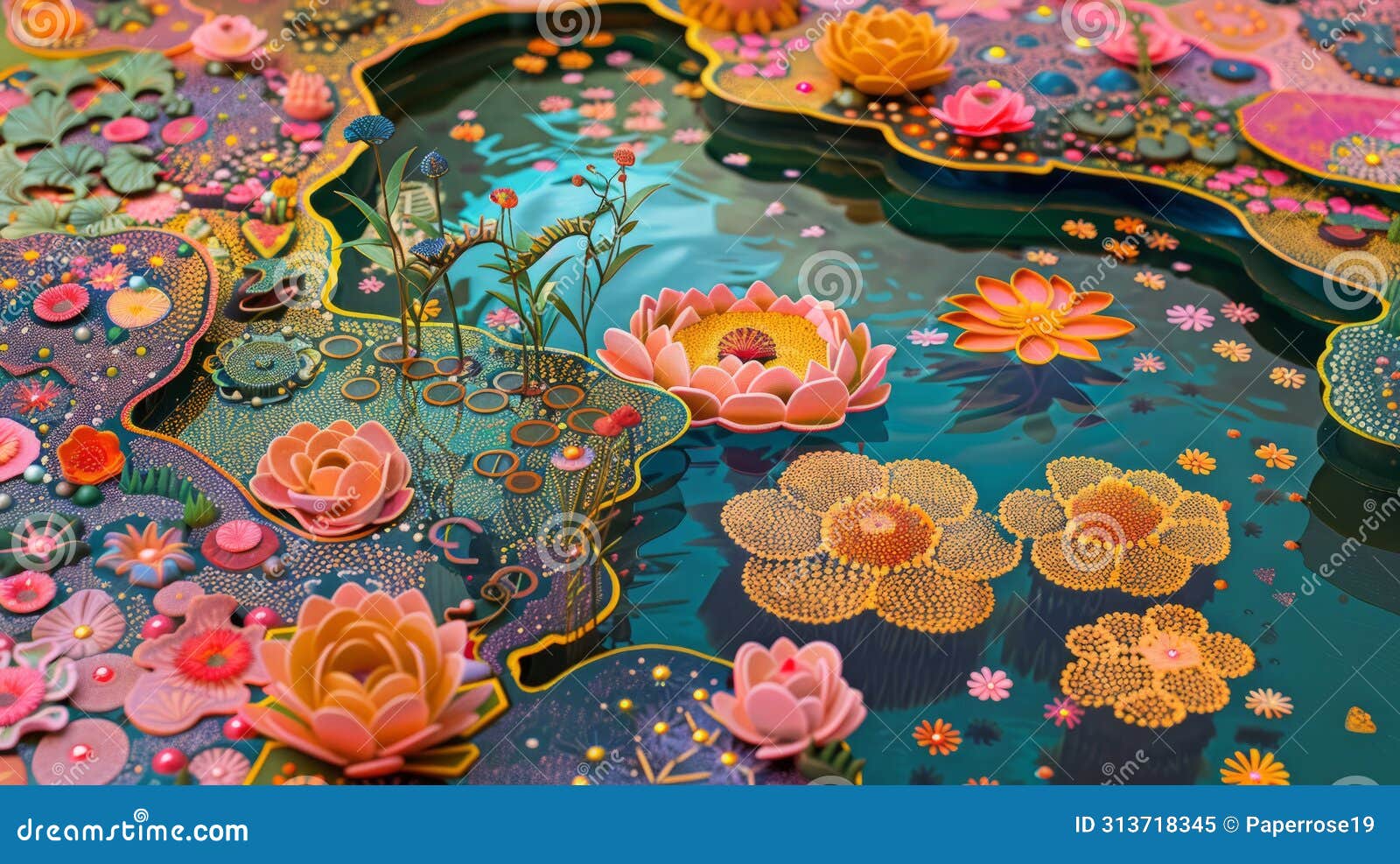a lazy pond of molten filigree in the style of mary quant sanrio