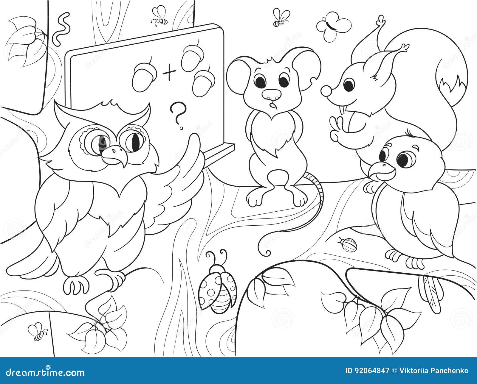 Le§on dans l école d un hibou dans livre de coloriage en bois pour l illustration de vecteur de bande dessinée d enfants