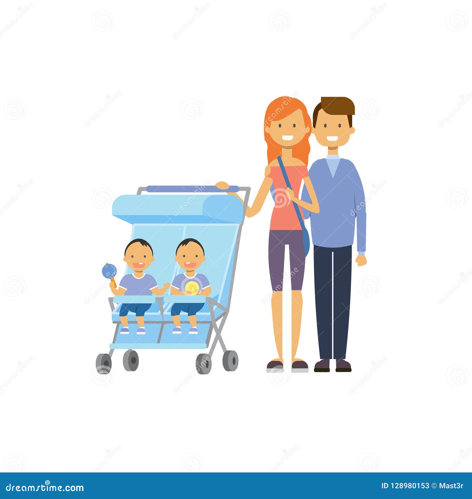Le Bebe De Mere De Pere Jumelle L Avatar Integral De Double Poussette Bleue Sur Le Fond Blanc Concept De La Famille Reussi A Pl Illustration De Vecteur Illustration Du Mignon Fille