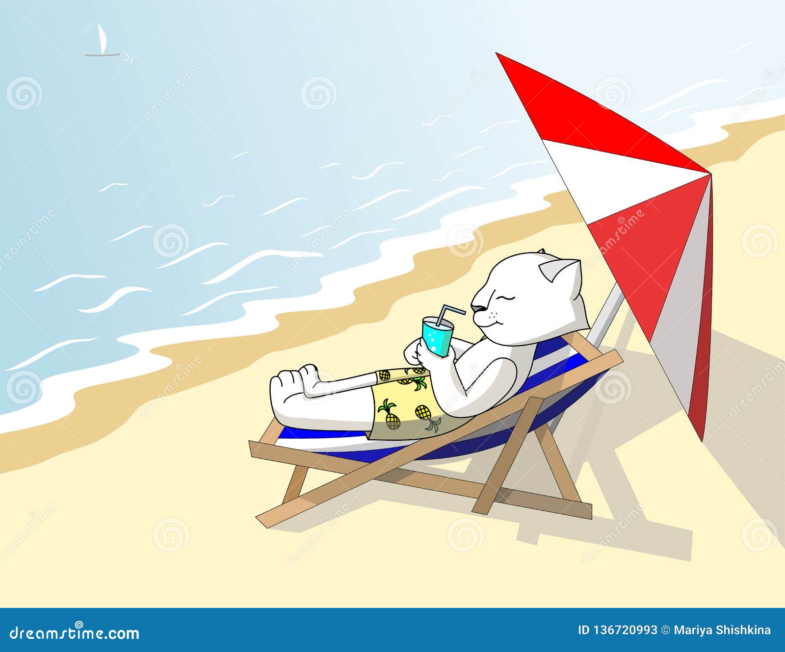 Le Chat Blanc En Bref Avec Des Ananas Le Prend Un Bain De Soleil Sur La Plage Sous Une Chaise Longue Illustration De Vecteur Illustration Du Illustration Transat