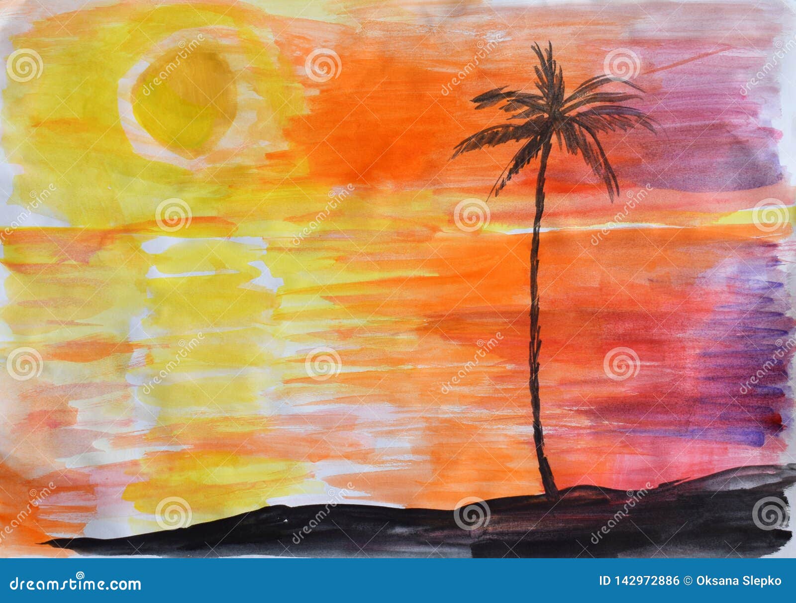 Le Dessin Des Enfants Coucher Du Soleil Sur L Ile En Mer Ou Ocean Et Palmier Illustration Stock Illustration Du Paradis Retrait