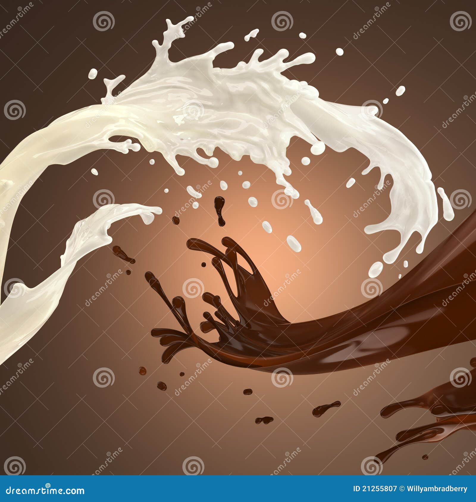 Le lait et le chocolat chaud éclabousse. Le café de Brown ou le lait crémeux de chocolat et blanc chaud éclabousse dans l'action abstraite sur le fond orange tendant vers le brun