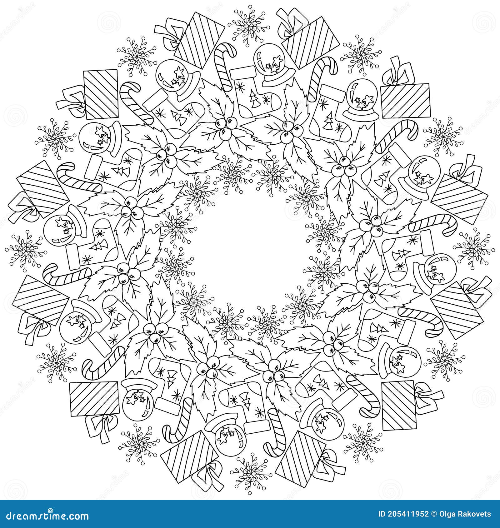 Le Mandala Festive Zen De Noël Avec Un Cadeau D'attributs D'hiver Avec Holly  D'arc De Cercle Et Le Bal D'hiver Gribouille Le Cadre Illustration de  Vecteur - Illustration du page, noël: 205411952