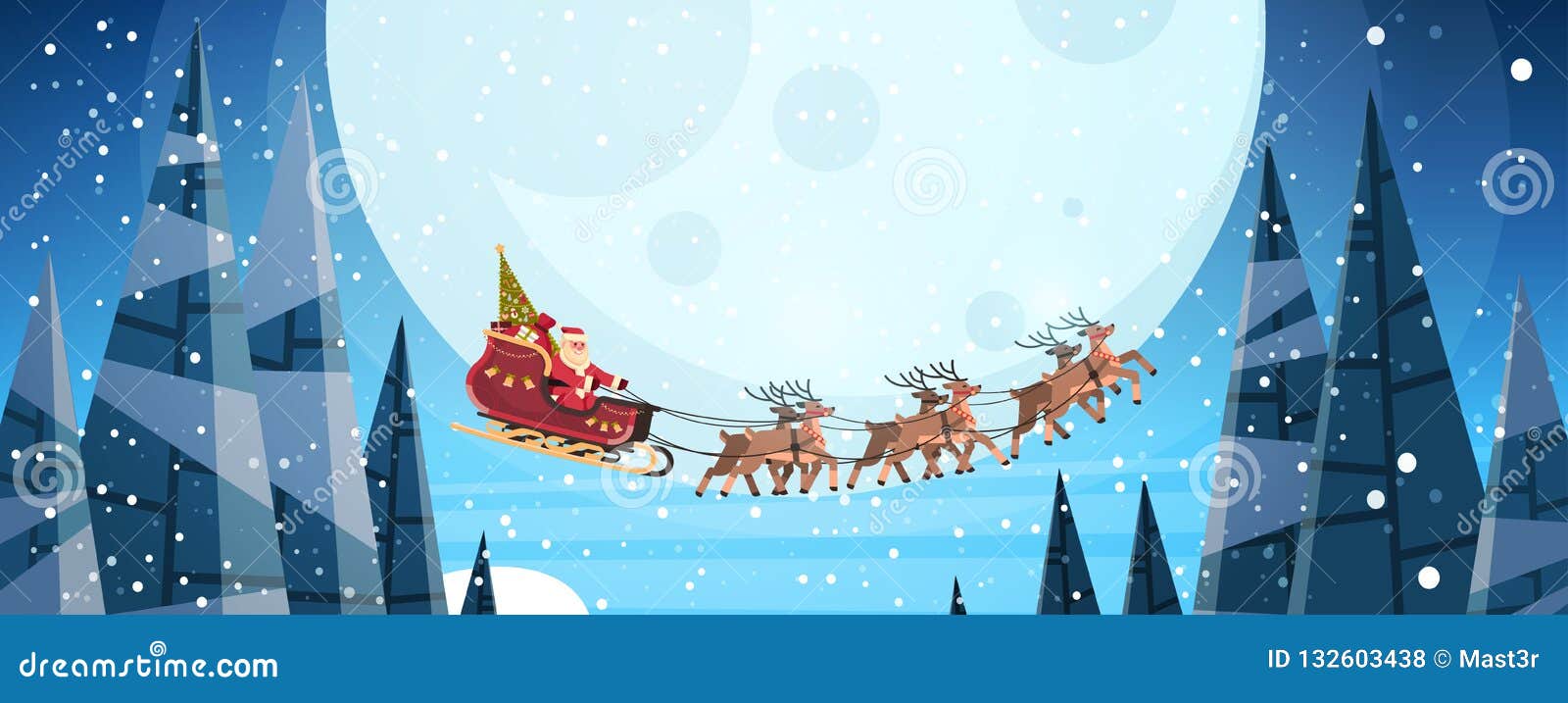 Le Pere Noel Volant Dans Le Traineau Avec Le Ciel Nocturne De Rennes Au Dessus De L Hiver Horizontal De Bonne Annee De Joyeux Noe Illustration De Vecteur Illustration Du Nuit Neuf