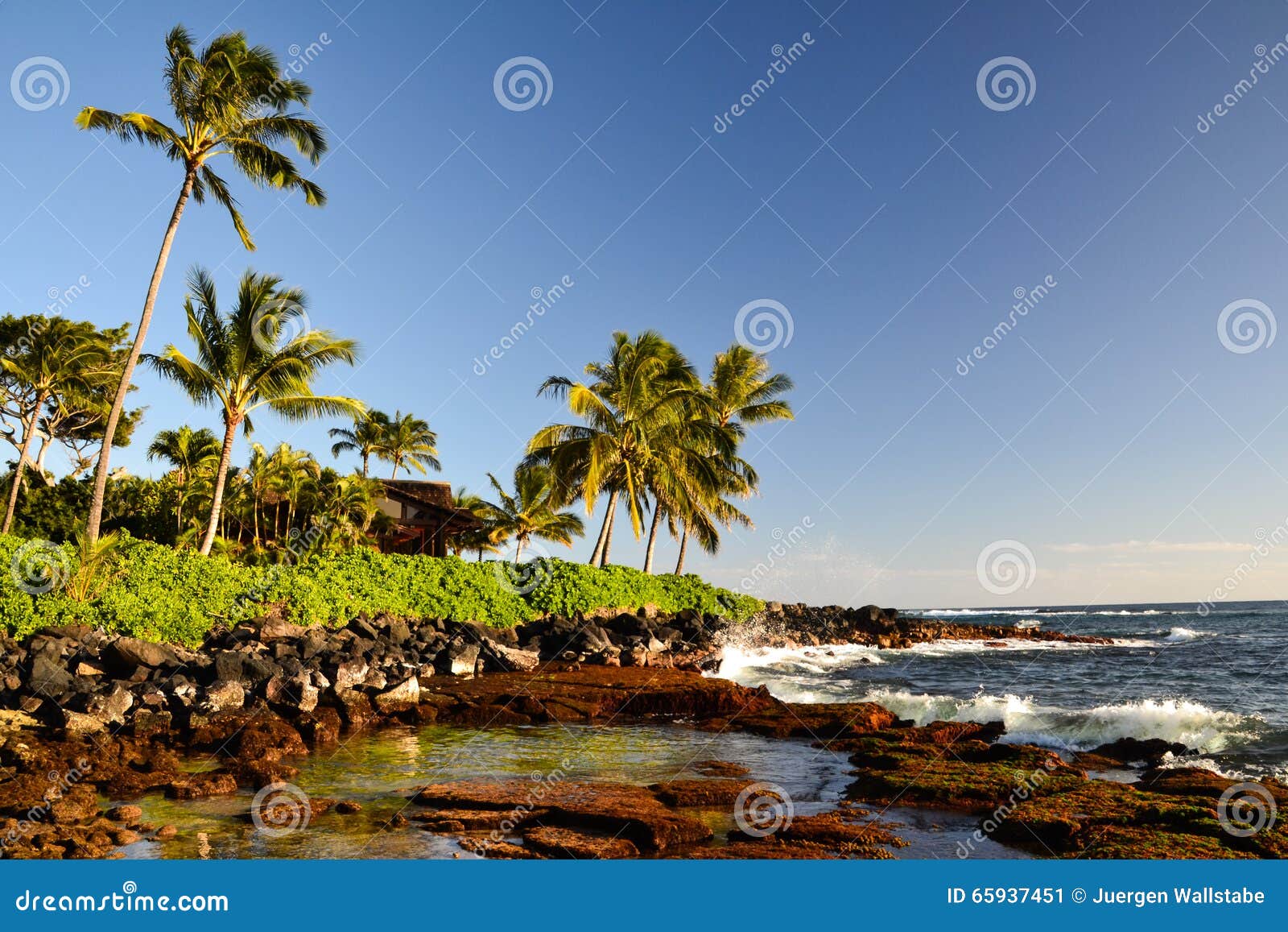 Le palme a Lawai tirano - Poipu in secco, Kauai, Hawai, U.S.A. La sera sbalorditiva ha sparato di una sezione della spiaggia della spiaggia di Lawai vicino a Poipu sull'isola di Kauai, delle Hawai con le palme e di una casa di spiaggia al oceanfront Poipu è uno dei centri turistici di Kauai