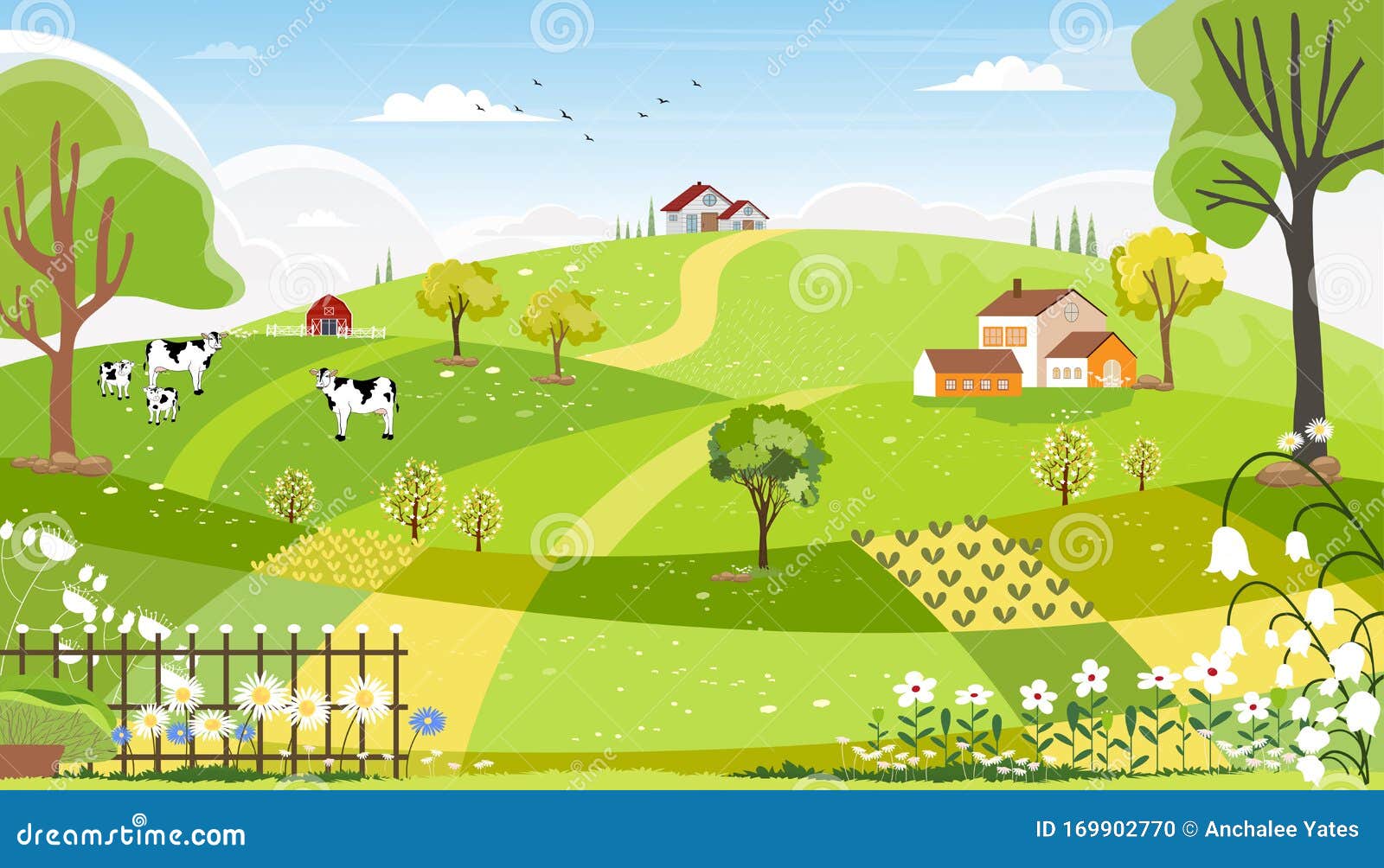 Paysage De Printemps Avec Animaux Le Paysage Rural Agricole Avec Les Champs Verts élèvent Les Animaux Grange Hous Font Printemps Ou été De Ciel Bleu Et De Dessin De Illustration Stock - Illustration du animal, nuage: 169902770