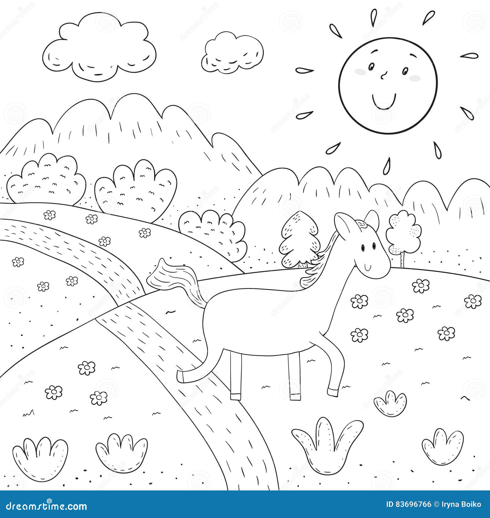Le Pré Ensoleillé De Livre De Coloriage Montagnes Arbres arbres cheval enfants livre montagnes