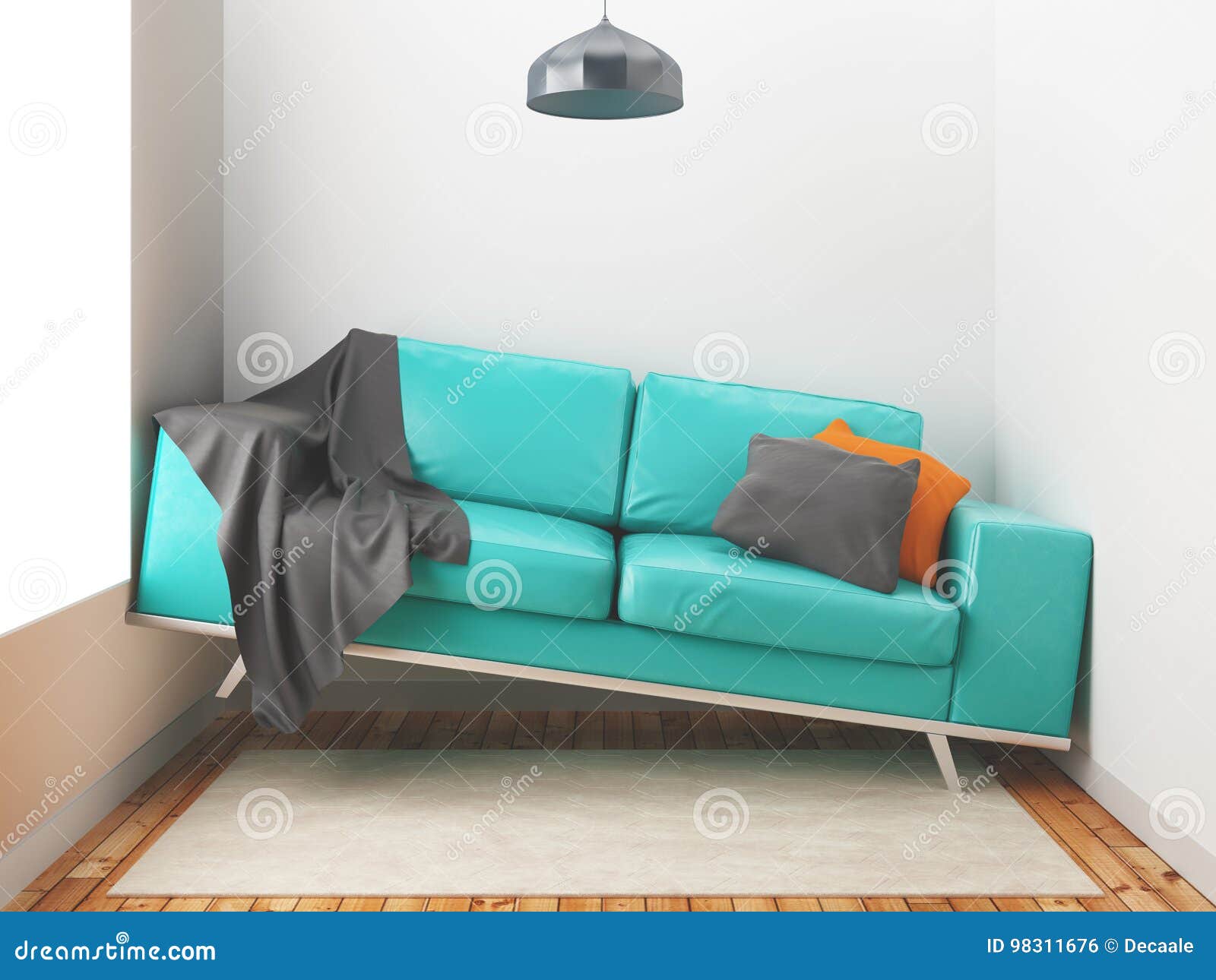 Le sofa de travers, le grand sofa dans une petite salle, 3d rendent l'illustration. Sofa dans une salle trop petite