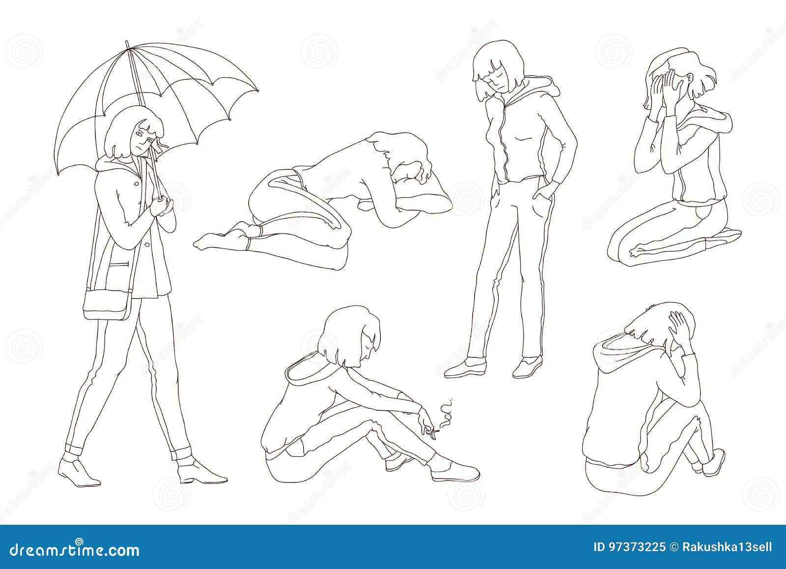 Depression Ado Triste Dessin Triste Le Vecteur a Isolé L'ado Triste De Fille D'illustration Réglée De Croquis La Jeune Femme Dans Pleurer De Dépression, Le Pining Et Illustration de Vecteur - Illustration du anéantissement, lamentation: 97373225
