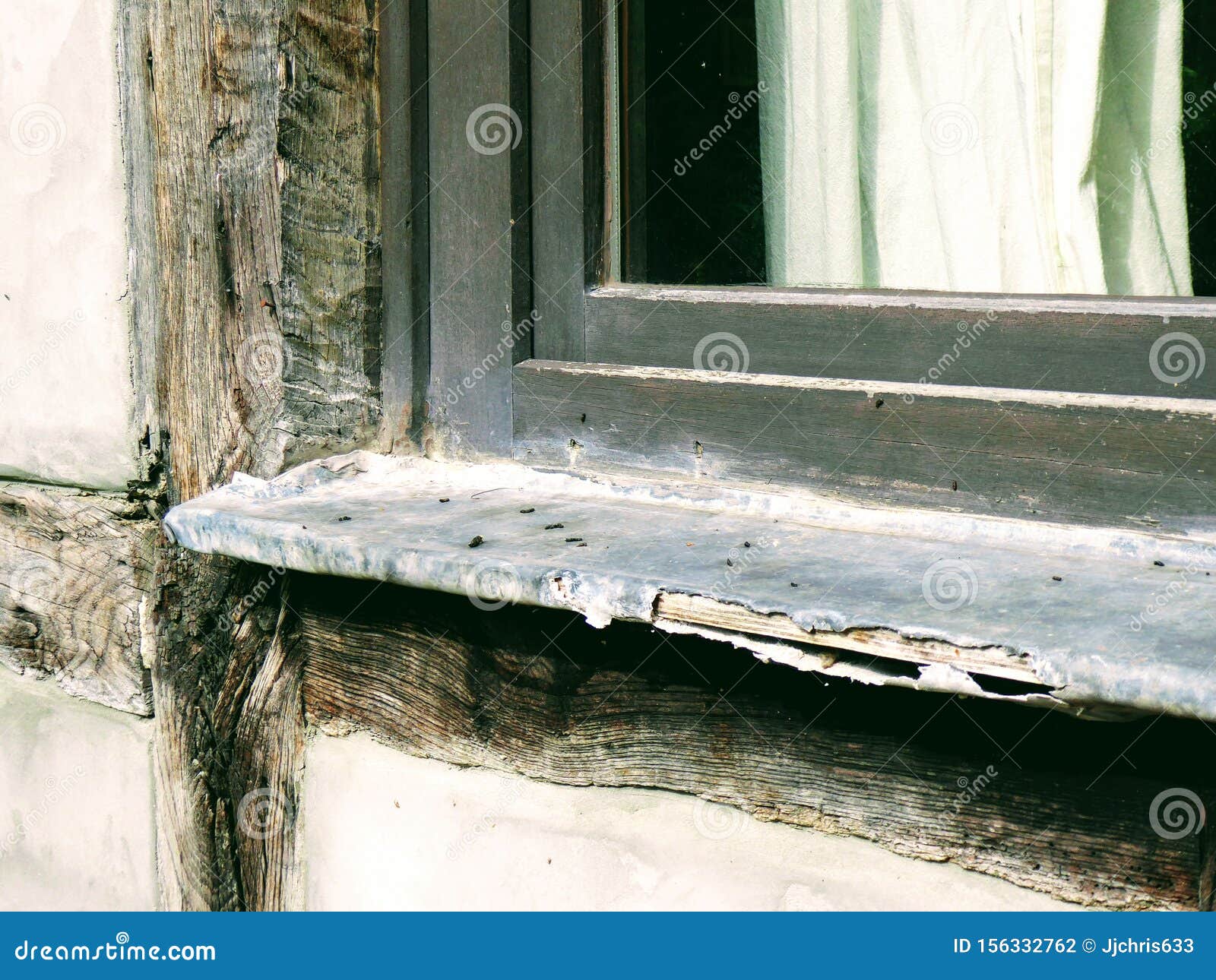 Lead Broken Windowsill Old and Aged House Window Construction. Stock