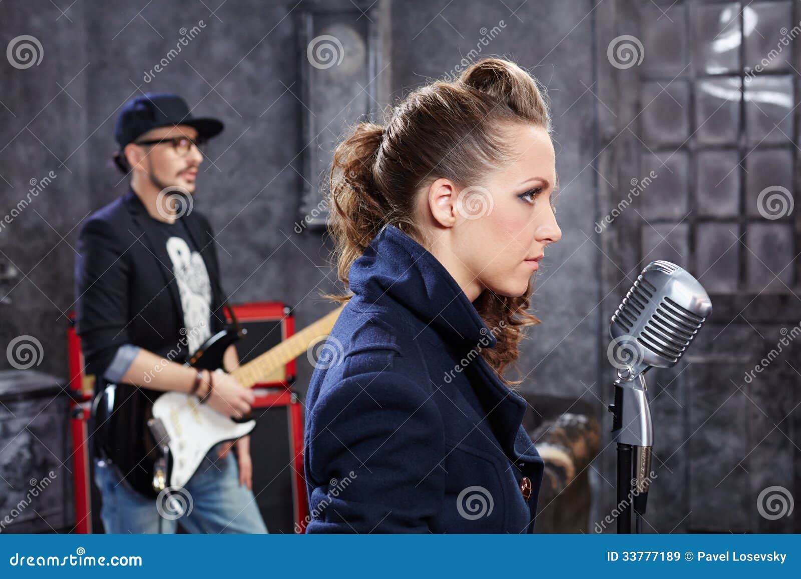 Lead Singer Stands at Microphone Stock Image Image of makeup