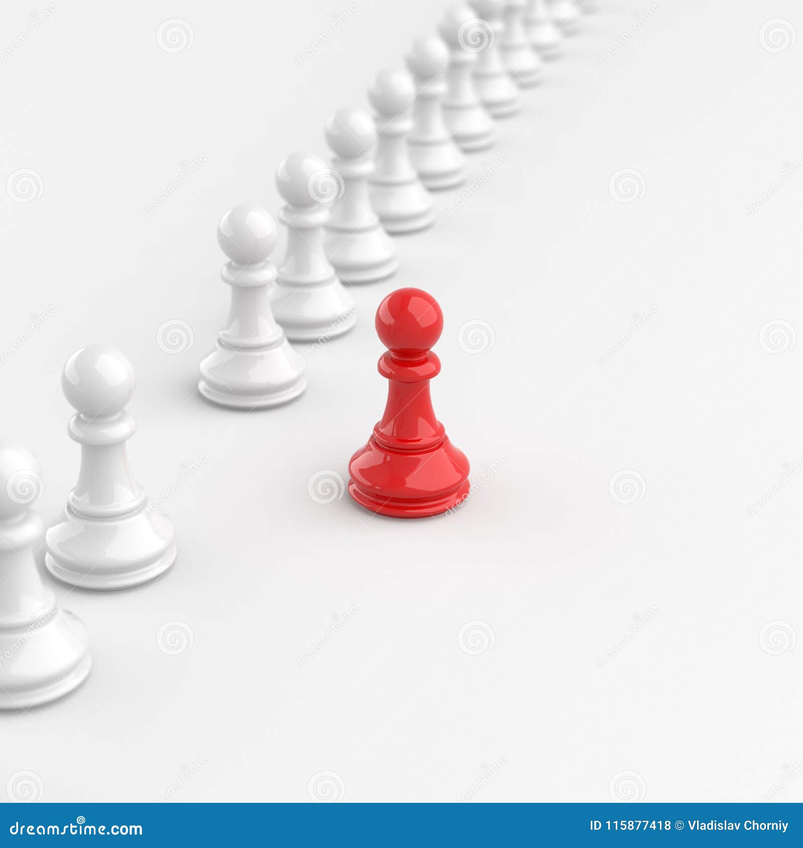 3D Rendering Front View of Many Pawn Chess with Leader in Front of