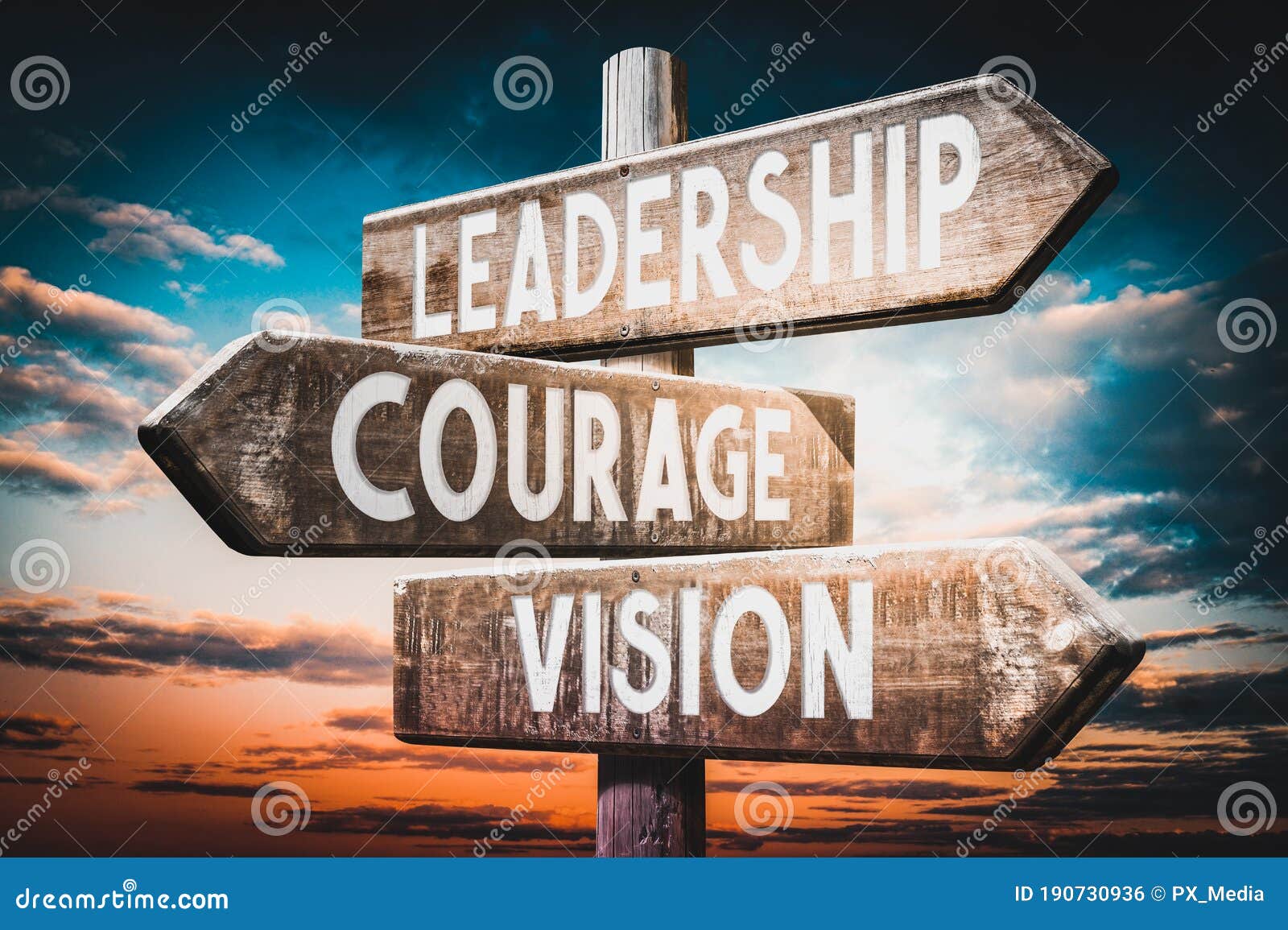 leadership, courage, vision - wooden signpost, roadsign with three arrows